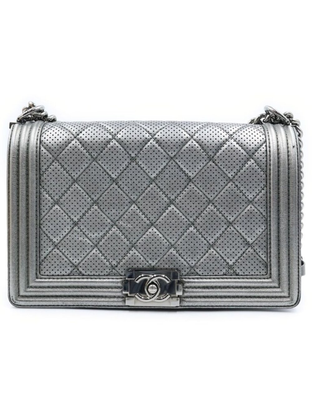 Chanel Boy Chain Shoulder Bag Perforated Large Silver Lambskin and Card Included